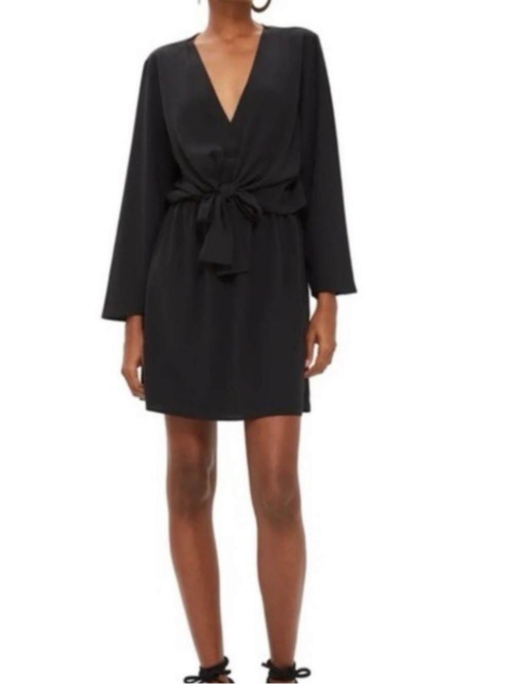Topshop Black Long Sleeve V-Neck Tie Waist Mini Dress